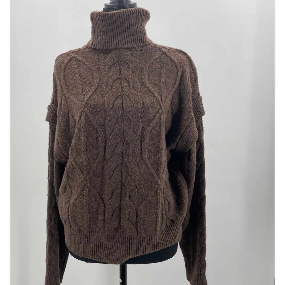 Elie Tahari Women Knit Turtleneck Sweater Cable Knit Brown Size L Modern Luxury